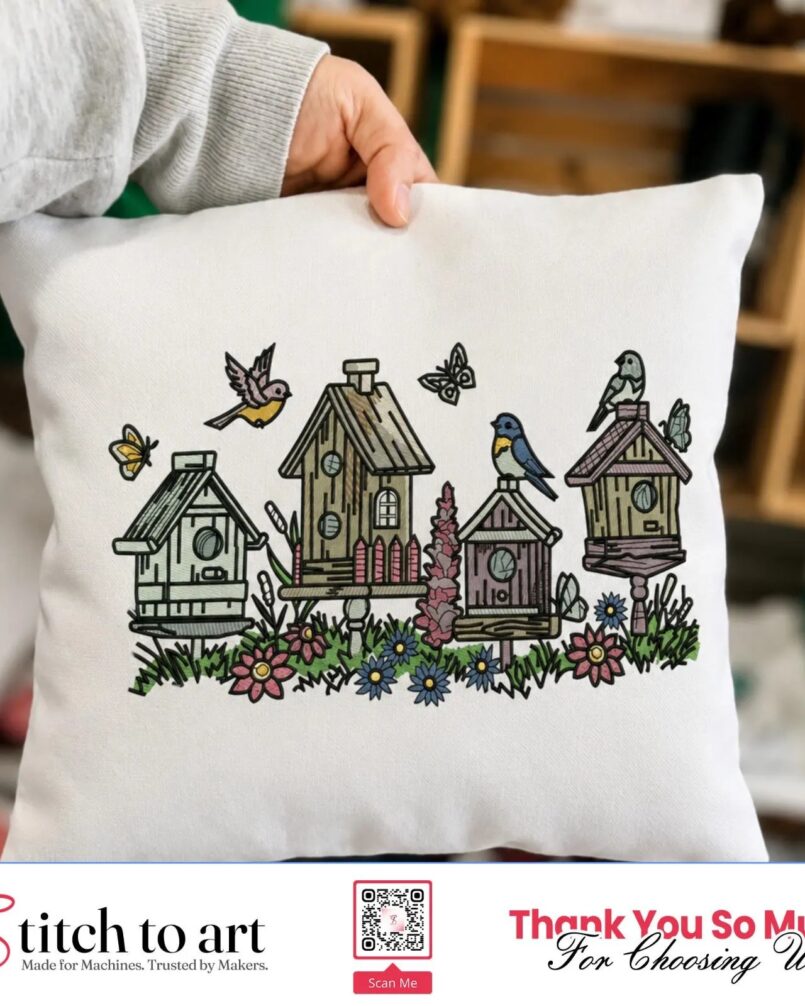 Floral Birdhouse Embroidery Design, Cottage Garden Lavender