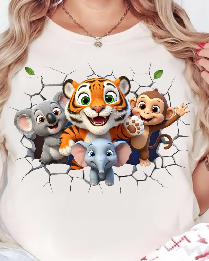 Cute jungle animal PNG featuring a tiger, monkey, koala, and lion cub for sublimation, DTF transfers, t-shirts, and digital crafting.