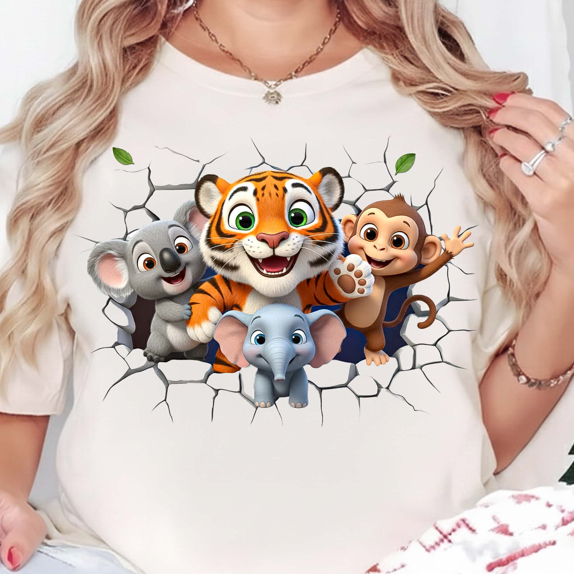 Cute jungle animal PNG featuring a tiger, monkey, koala, and lion cub for sublimation, DTF transfers, t-shirts, and digital crafting.
