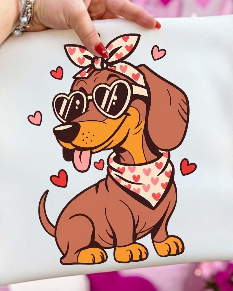 Cute Dachshund Dog PNG wearing sunglasses and a bandana for sublimation, DTF transfers, t-shirts, mugs, tote bags, and digital crafting.