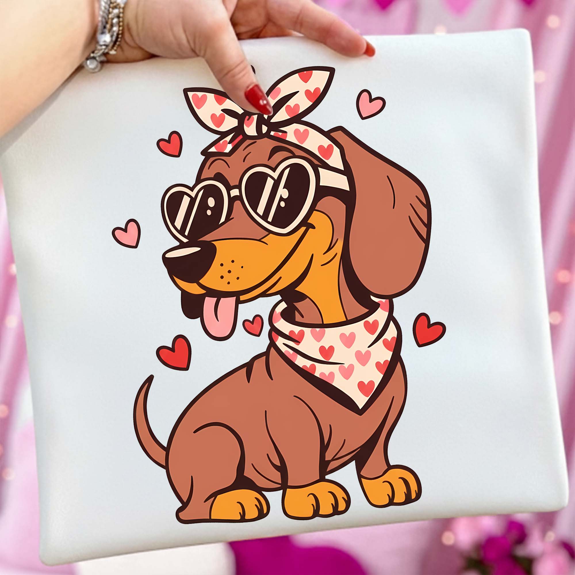 Cute Dachshund Dog PNG wearing sunglasses and a bandana for sublimation, DTF transfers, t-shirts, mugs, tote bags, and digital crafting.