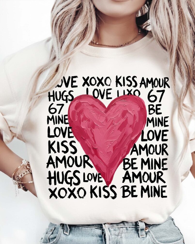 Love Heart Typography PNG featuring romantic kiss words and a pink heart for sublimation, DTF transfers, t-shirts, mugs, tote bags, and digital crafting.
