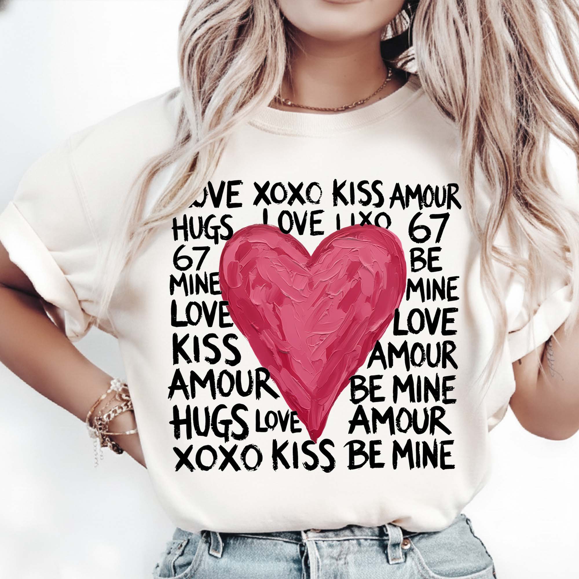Love Heart Typography PNG featuring romantic kiss words and a pink heart for sublimation, DTF transfers, t-shirts, mugs, tote bags, and digital crafting.