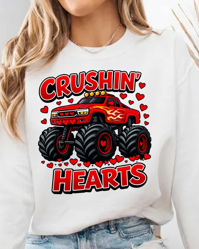 Crushing Hearts Monster Truck PNG for sublimation, DTF transfers, t-shirts, hoodies, mugs, and digital crafting.