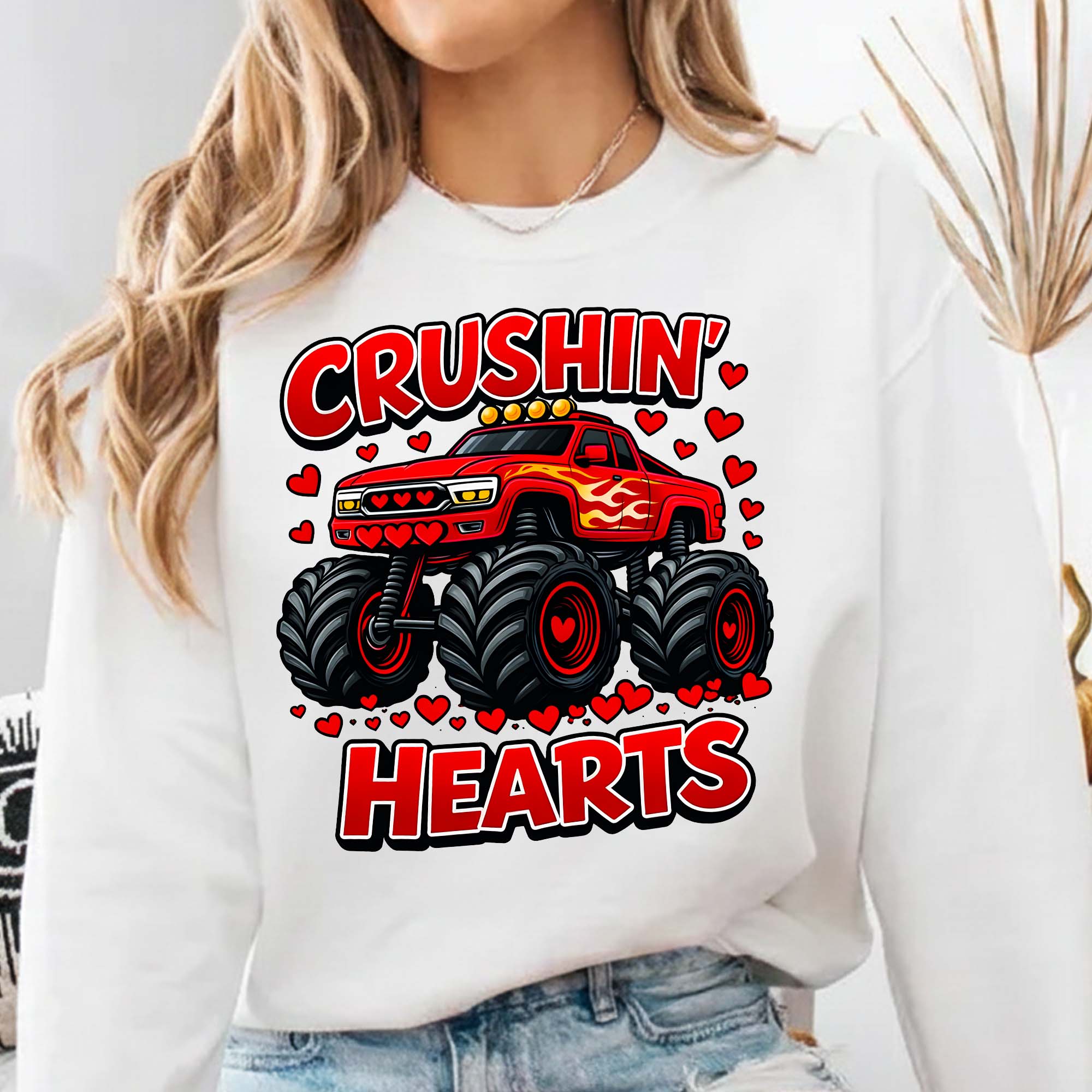 Crushing Hearts Monster Truck PNG for sublimation, DTF transfers, t-shirts, hoodies, mugs, and digital crafting.