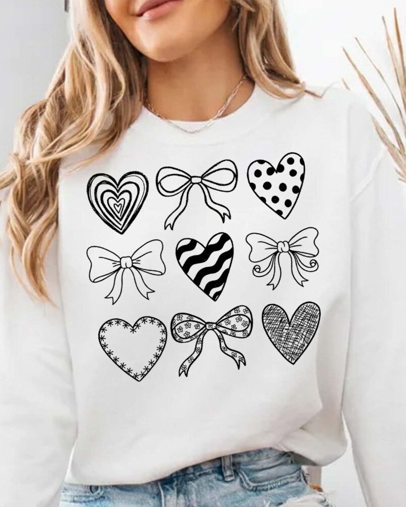 Cute Coquette Heart Bows PNG featuring black and white heart designs for sublimation, DTF transfers, t-shirts, mugs, tote bags, and digital crafting.
