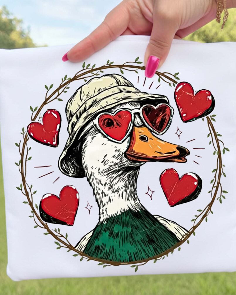 Cute Duck in Heart Wreath PNG featuring a floral duck with red hearts for sublimation, DTF transfers, t-shirts, mugs, tote bags, and digital crafting.