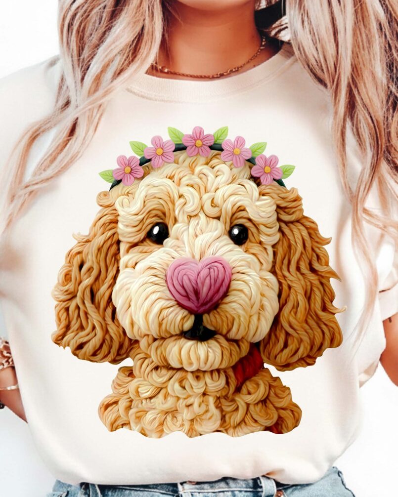 Cute Floral Puppy PNG featuring an adorable dog with a flower crown for sublimation, DTF transfers, t-shirts, mugs, tote bags, and digital crafting.