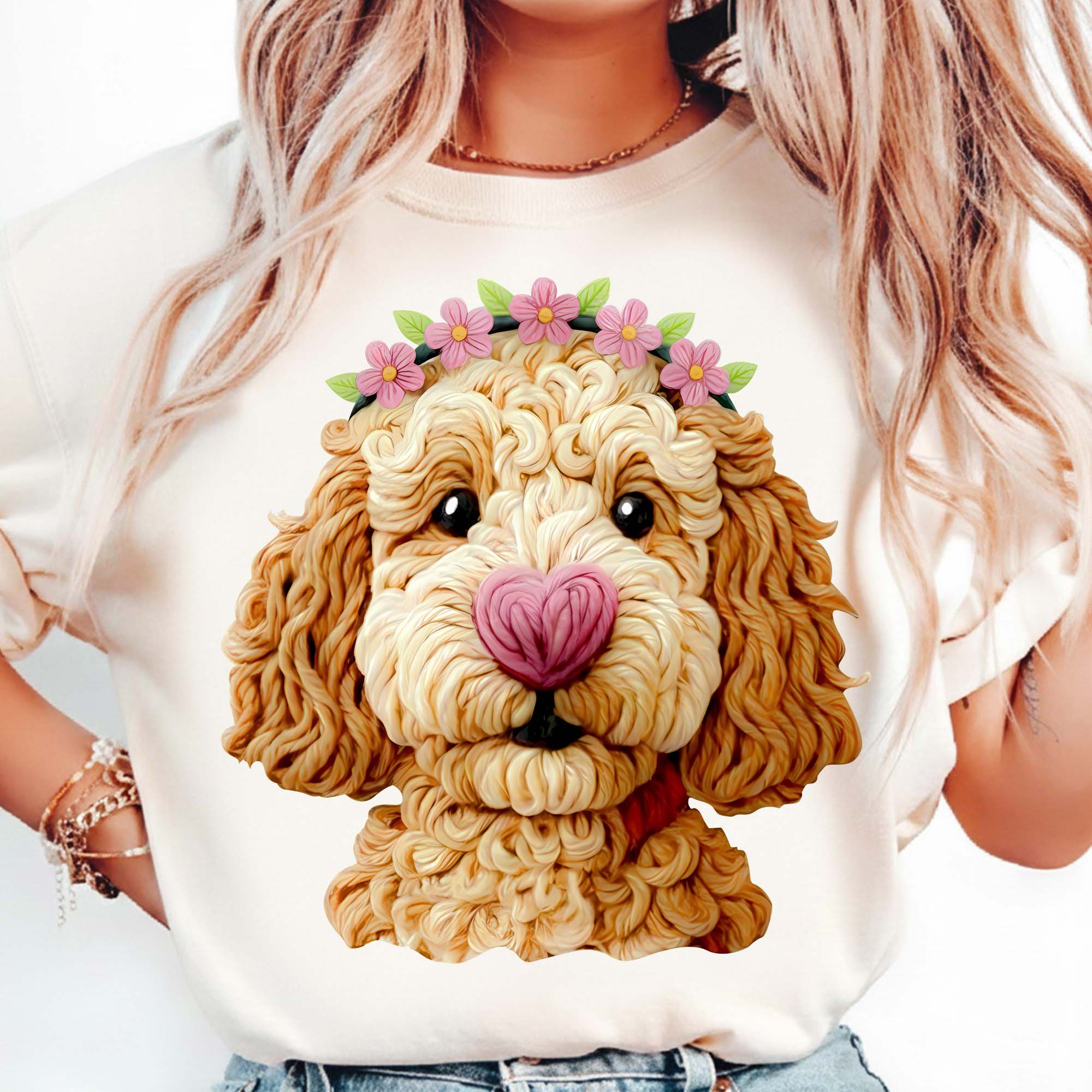 Cute Floral Puppy PNG featuring an adorable dog with a flower crown for sublimation, DTF transfers, t-shirts, mugs, tote bags, and digital crafting.