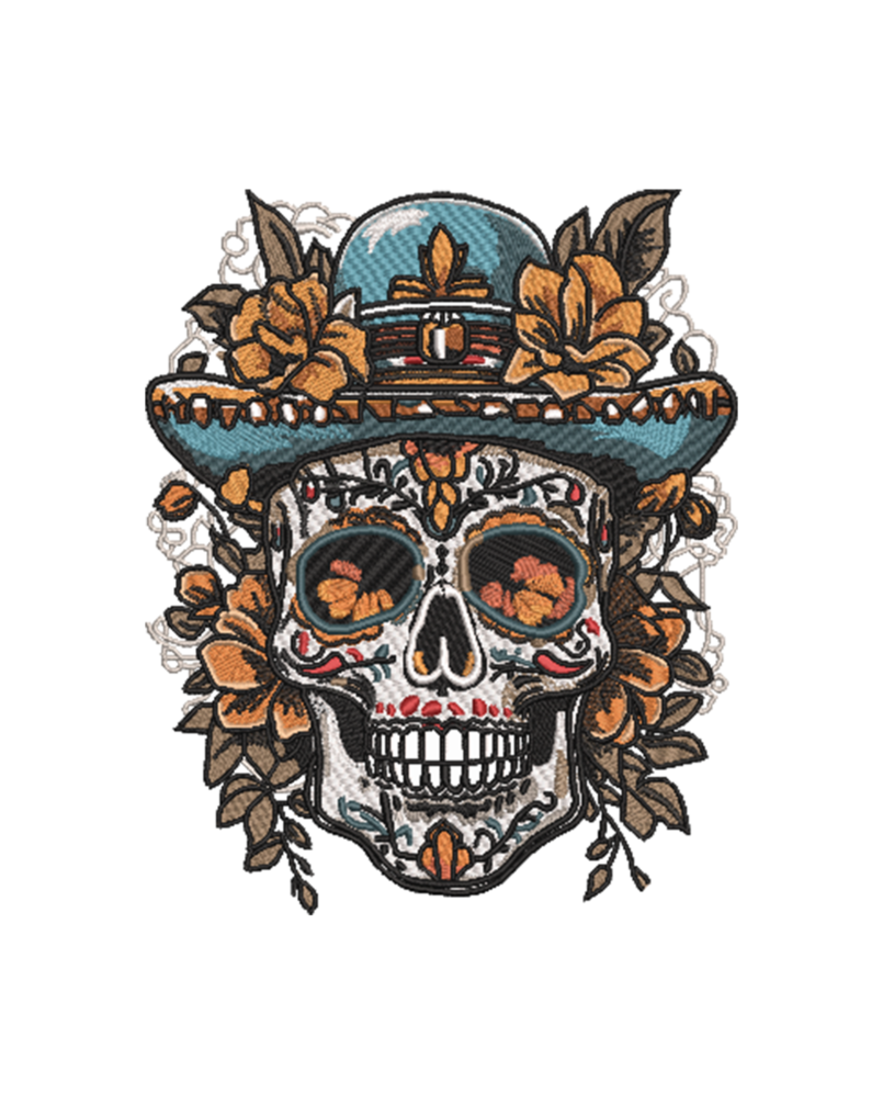8 Inch Sugar Skull Sombrero Embroidery Design with Floral Details
