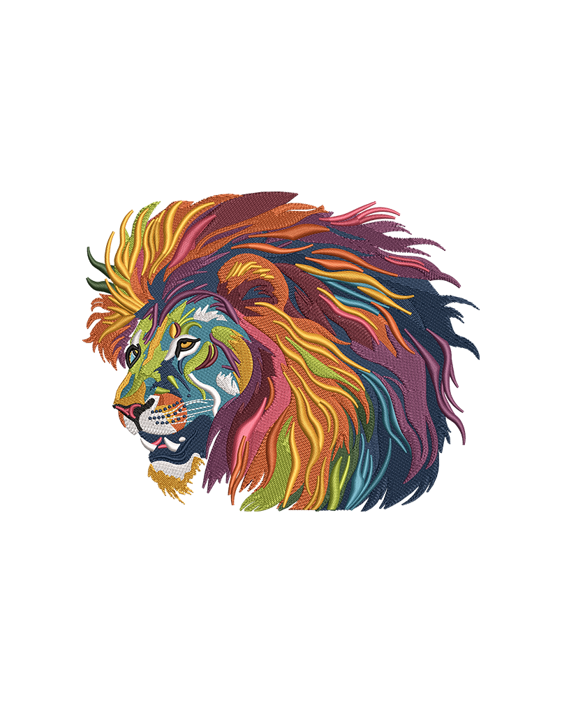 Colorful lion head embroidery design with vibrant mane