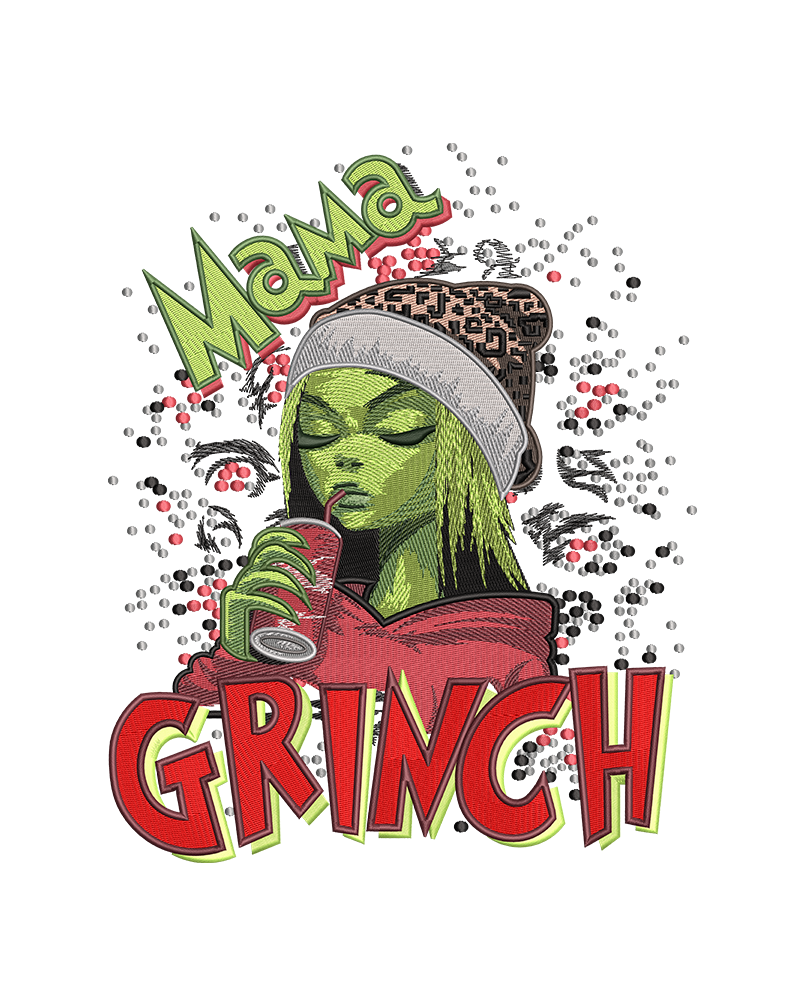 Festive green holiday character embroidery design with red lettering