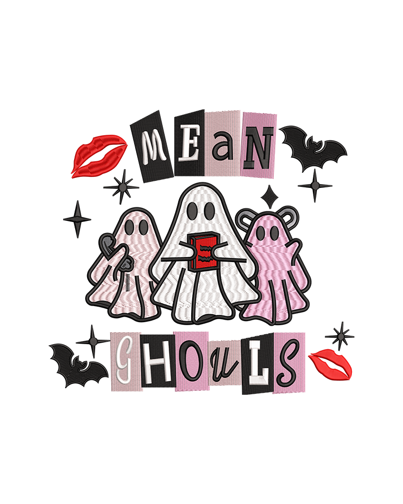 Spooky cartoon ghoul embroidery design with Halloween lettering