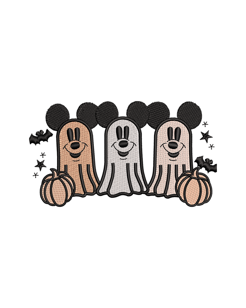 Cute ghost cartoon embroidery design with playful characters