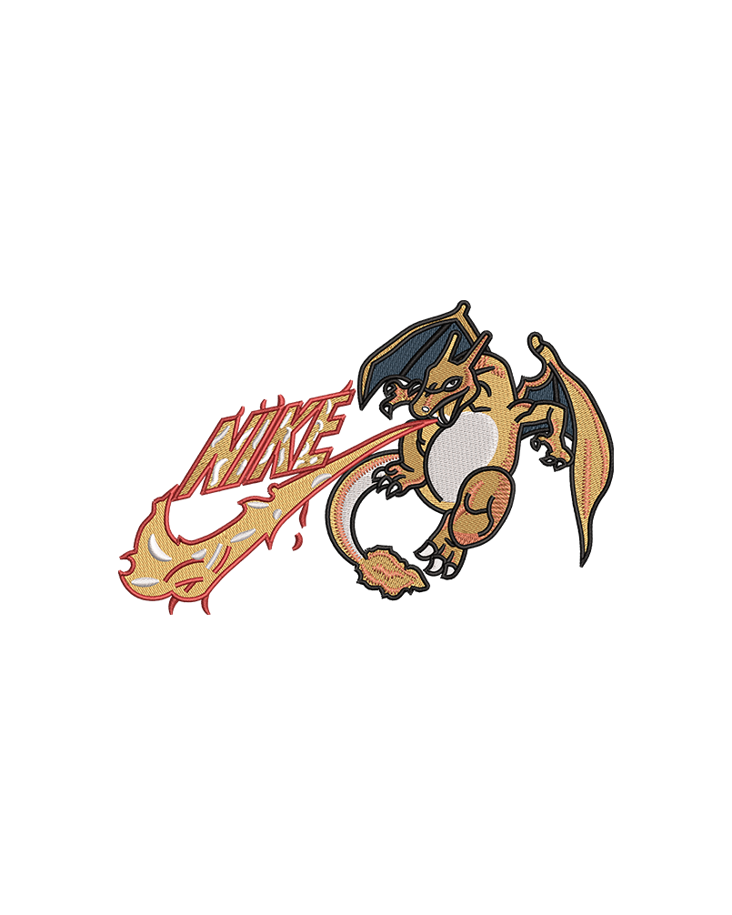 Dragon swoosh embroidery design with detailed wings and fire-inspired artwork